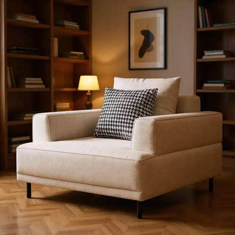 Poltrona moderna oversize da 103 cm in lino di cotone con cuscino fantasia