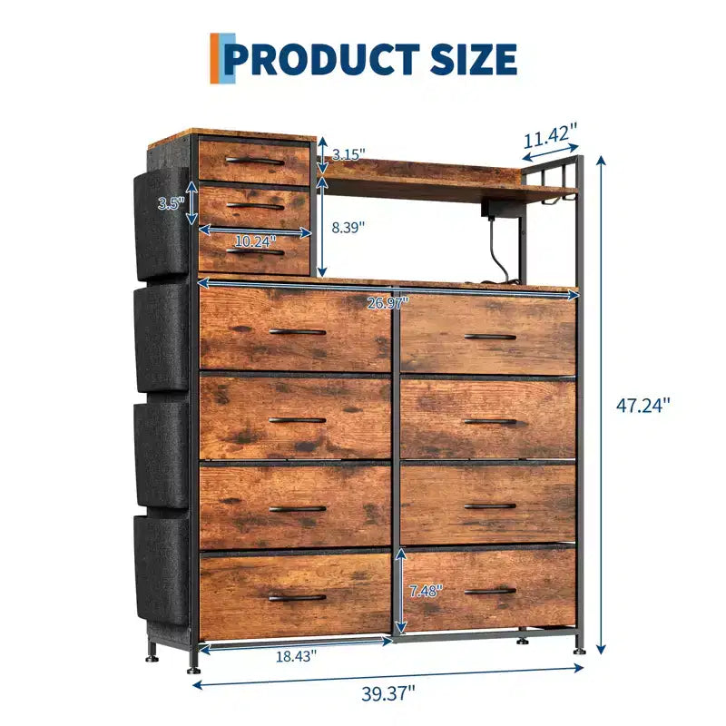 Comò Armadio a 8+3 Cassetti in Tessuto da 140 cm, 4 Tasche Laterali, Luci LED e Stazione di Ricarica per Camera da Letto