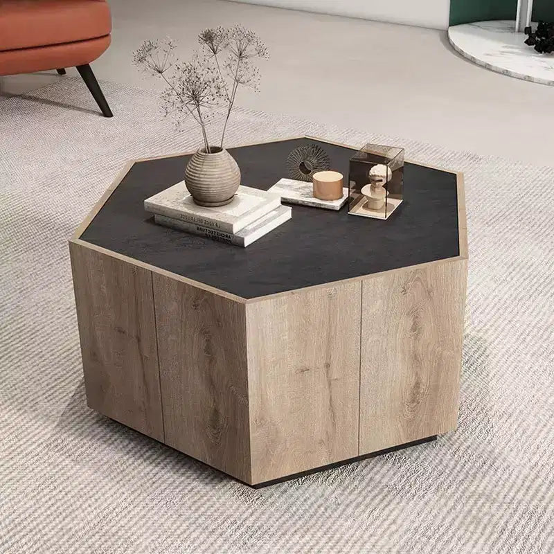 Industrial Rustic Hexagonal Coffee Table with Dual Drawers & Waterproof Top