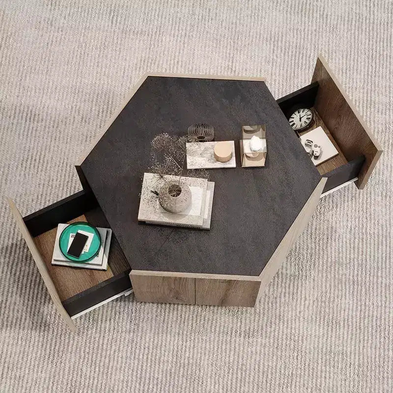 Industrial Rustic Hexagonal Coffee Table with Dual Drawers & Waterproof Top