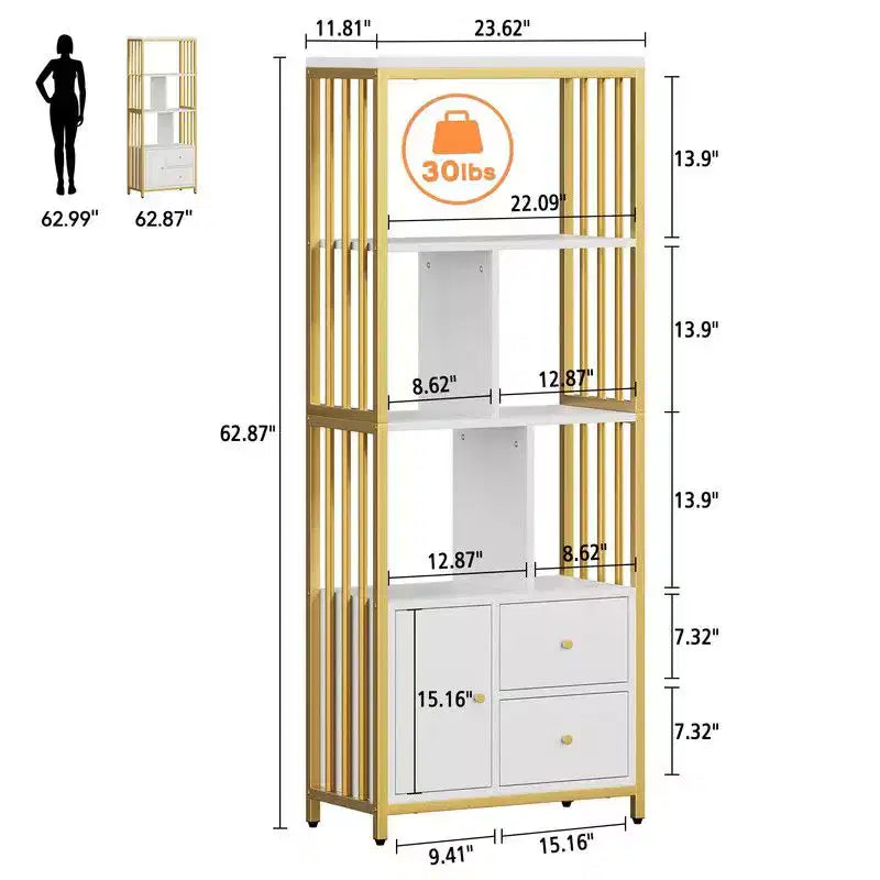 Libreria 62 Gold a 3 cassetti e anta, libreria bianca e oro a 4 ripiani con struttura in metallo, mobile espositore a pavimento