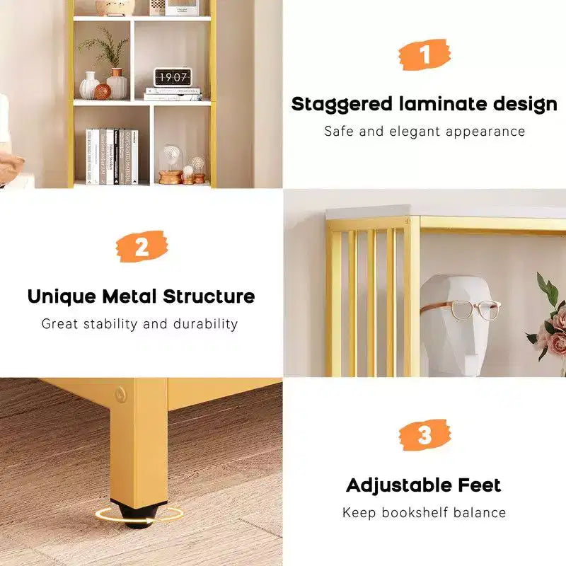 Libreria 62 Gold a 3 cassetti e anta, libreria bianca e oro a 4 ripiani con struttura in metallo, mobile espositore a pavimento