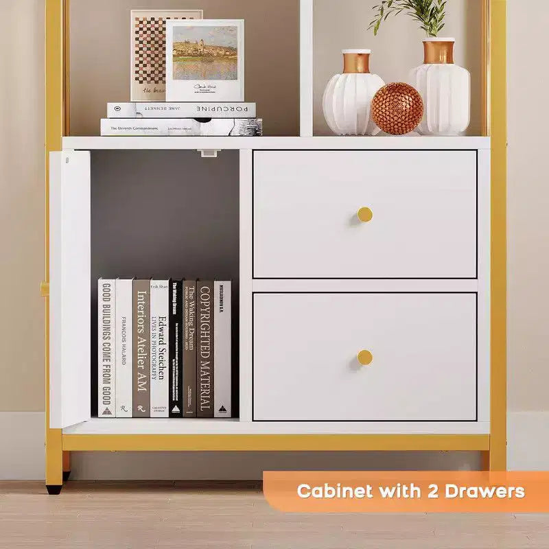 Libreria 62 Gold a 3 cassetti e anta, libreria bianca e oro a 4 ripiani con struttura in metallo, mobile espositore a pavimento