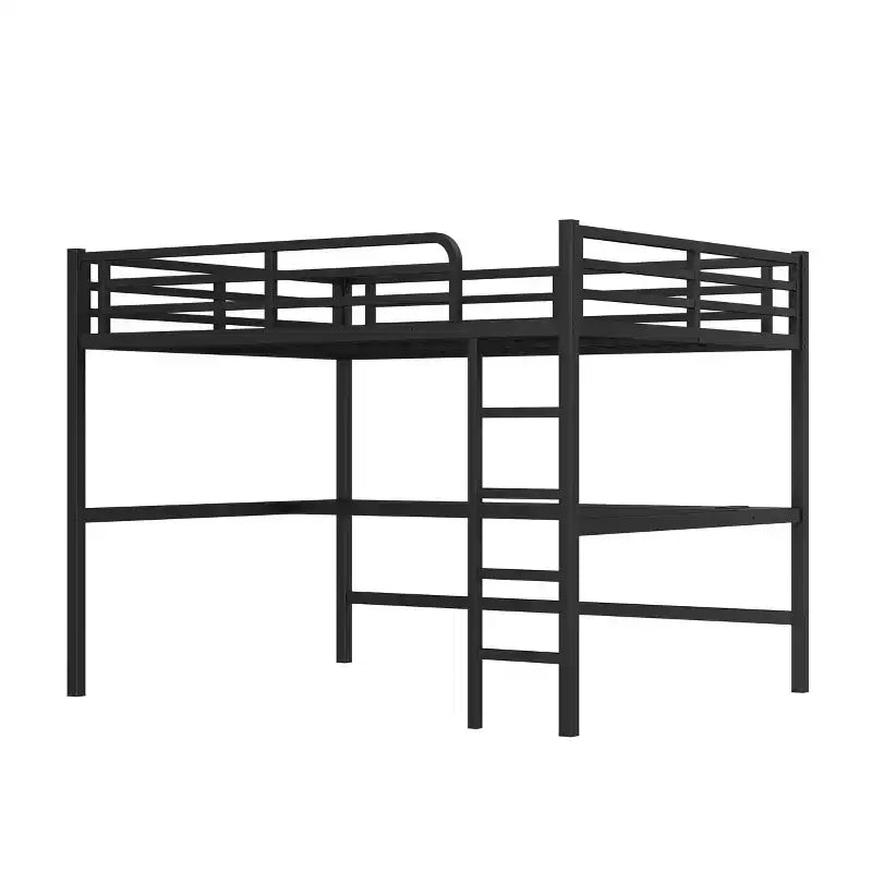 Black Metal Queen Size Loft Bed with Power Outlet and LED Lighted Space-Saving Noise Reduced