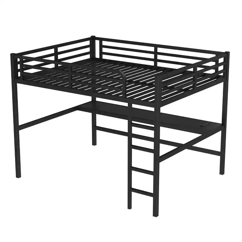 Black Metal Queen Size Loft Bed with Power Outlet and LED Lighted Space-Saving Noise Reduced