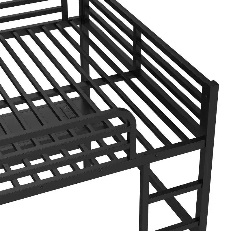 Black Metal Queen Size Loft Bed with Power Outlet and LED Lighted Space-Saving Noise Reduced