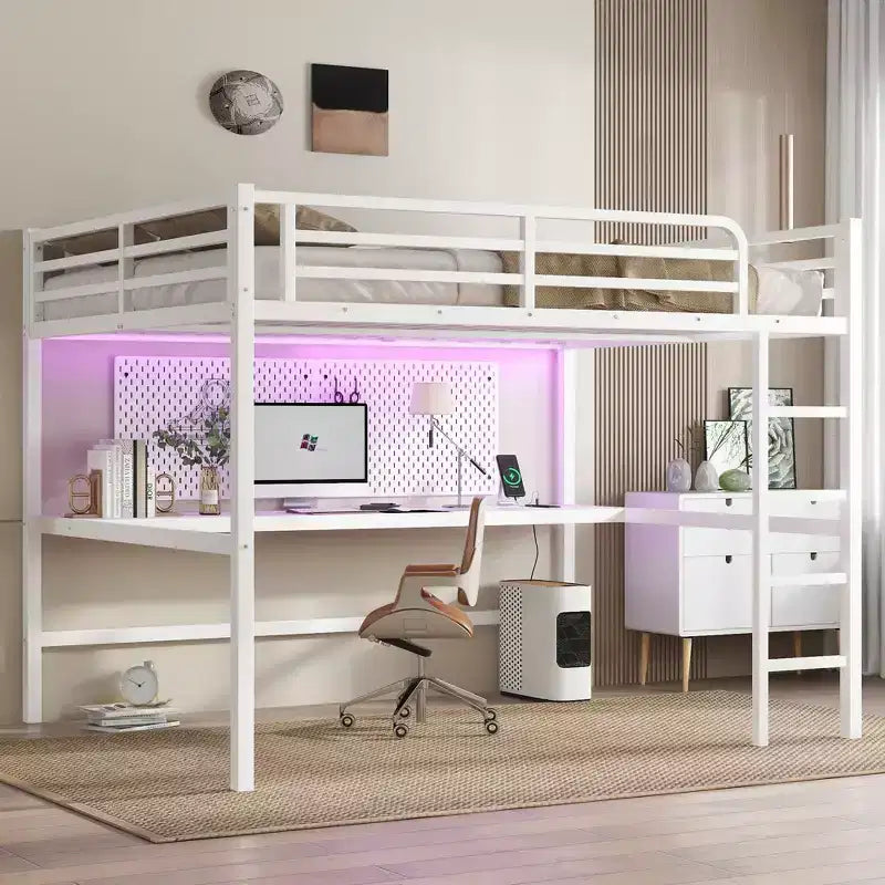 Letto a soppalco Queen Size in metallo nero con presa di corrente e luce a LED, salvaspazio e a rumorosità ridotta