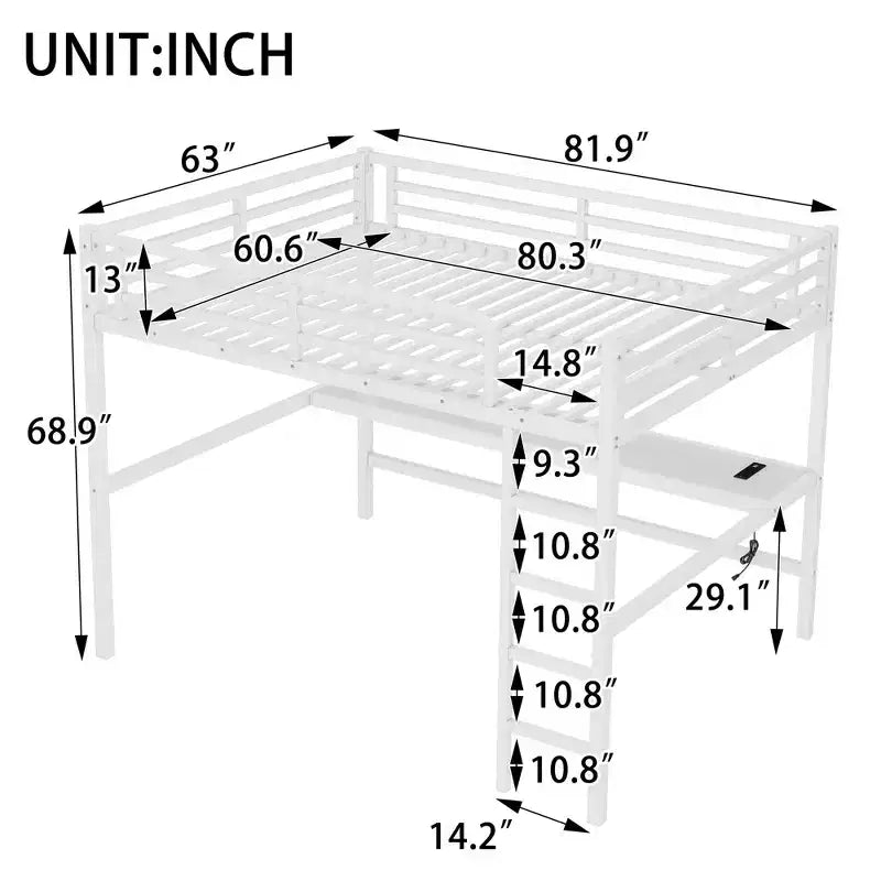 Letto a soppalco Queen Size in metallo nero con presa di corrente e luce a LED, salvaspazio e a rumorosità ridotta