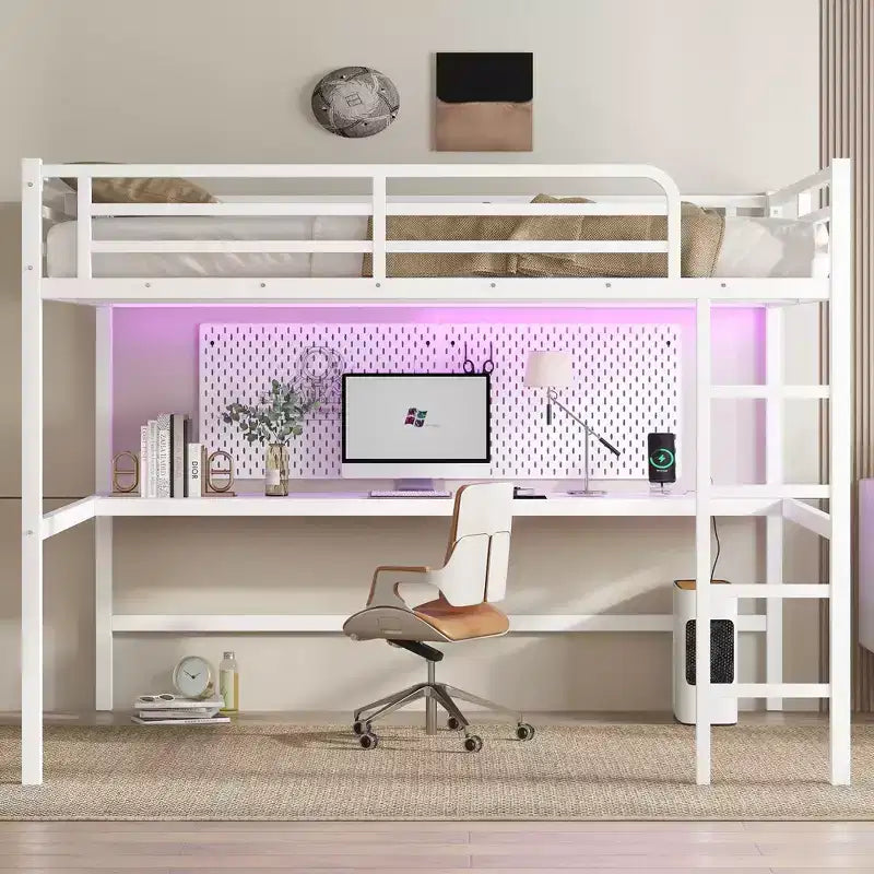 Black Metal Queen Size Loft Bed with Power Outlet and LED Lighted Space-Saving Noise Reduced