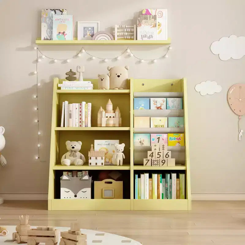 Mobile armadio contenitore per giocattoli in legno giallo, libreria per bambini, libreria per bambini piccoli, scaffale portariviste per bambini