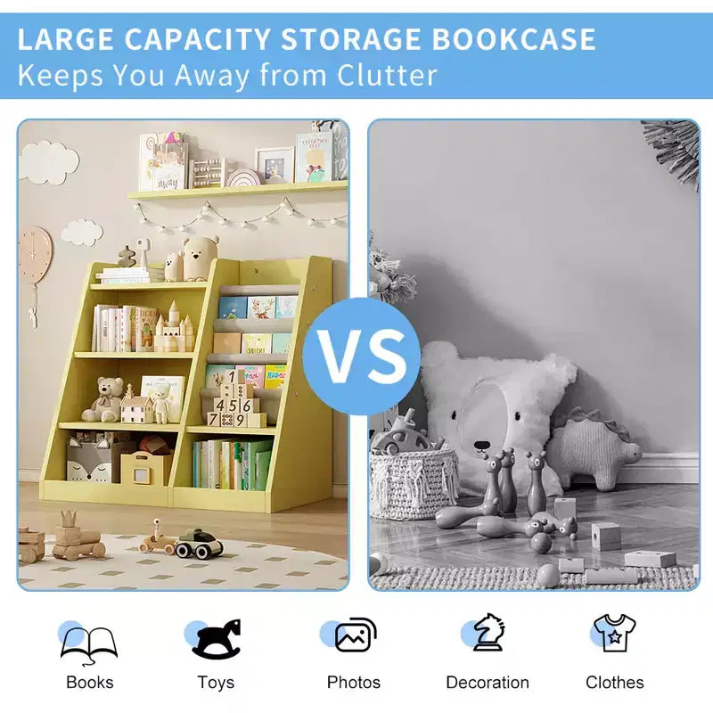 Yellow Wooden Toy Storage Organizer Cabinet Kids Bookshelf Children Bookcase Toddler Baby Sling Book Rack Shelf