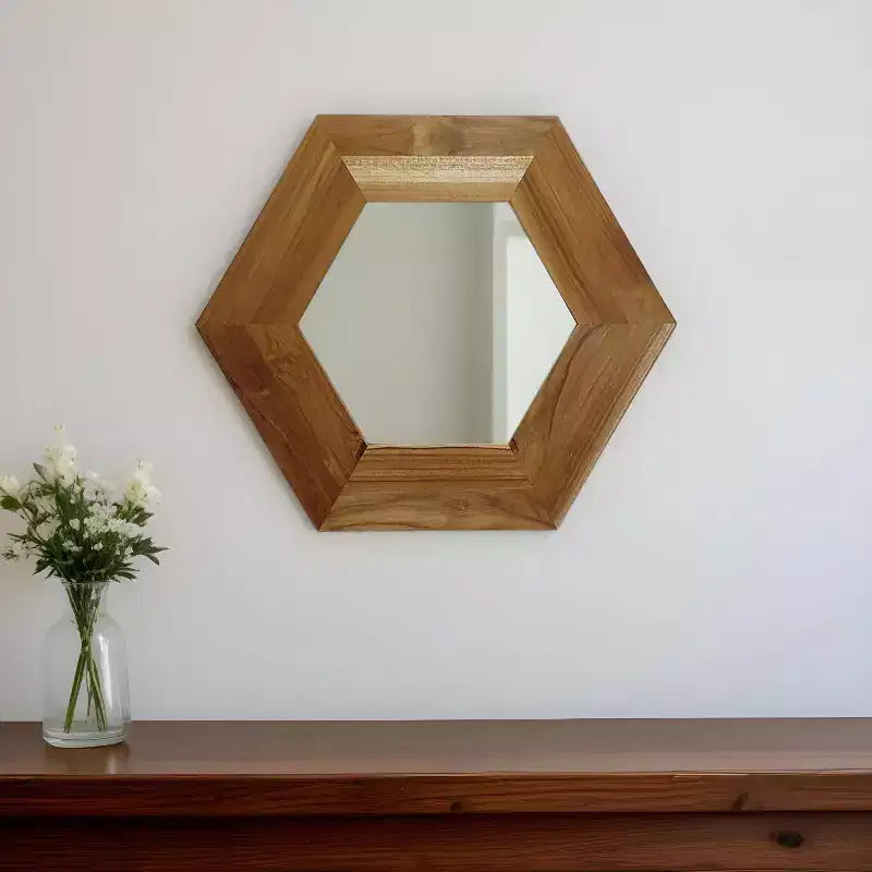 19 Inch Natural Hexagon Solid Wood Framed Accent Wall Mirror
