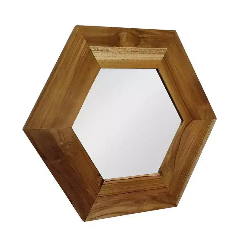 19 Inch Natural Hexagon Solid Wood Framed Accent Wall Mirror