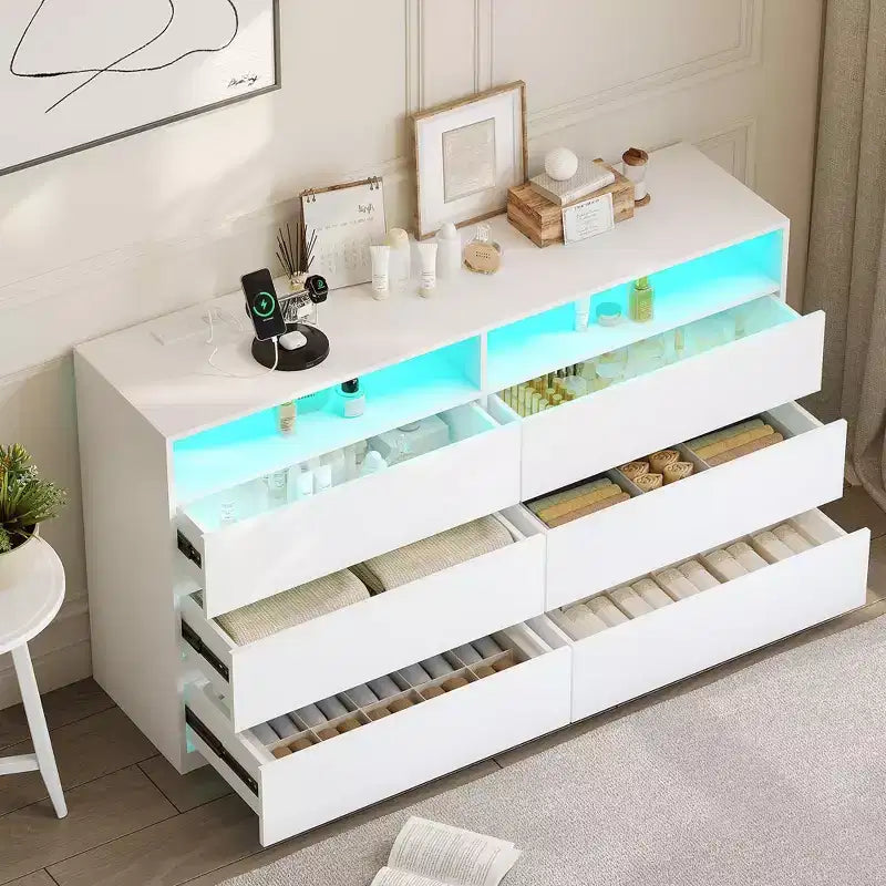 Modern 6-Drawer Dressing Table with Sliding Top, Bedroom & Closet Organizer