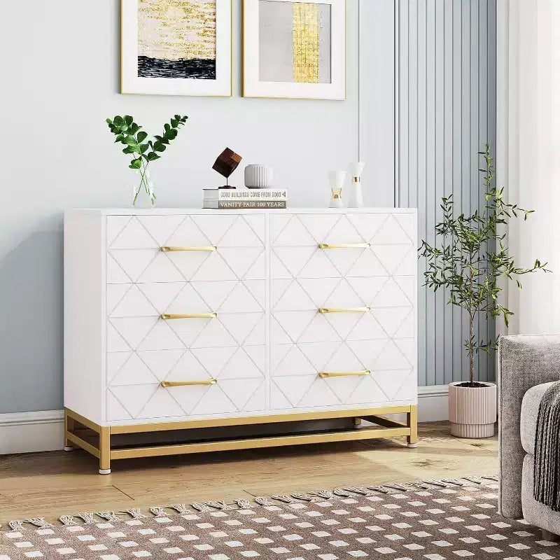 Cassettiera a 6 cassetti per camera da letto, cassettiera doppia in legno con maniglie dorate, cassettiera moderna con cassetti profondi per soggiorno, corridoio