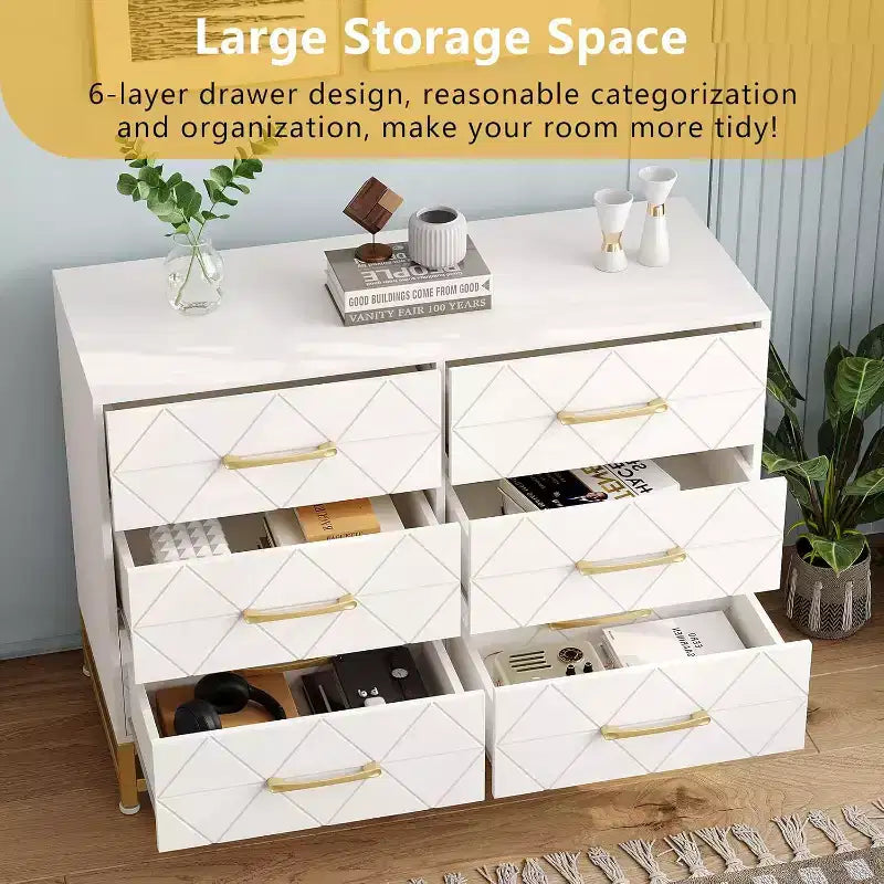 Cassettiera a 6 cassetti per camera da letto, cassettiera doppia in legno con maniglie dorate, cassettiera moderna con cassetti profondi per soggiorno, corridoio
