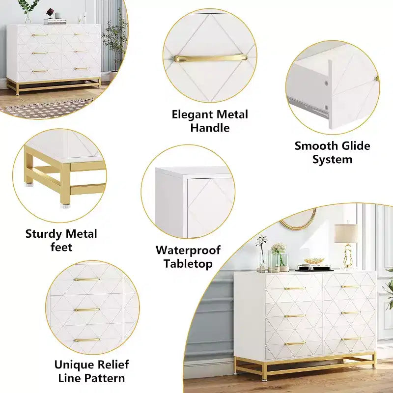 Cassettiera a 6 cassetti per camera da letto, cassettiera doppia in legno con maniglie dorate, cassettiera moderna con cassetti profondi per soggiorno, corridoio