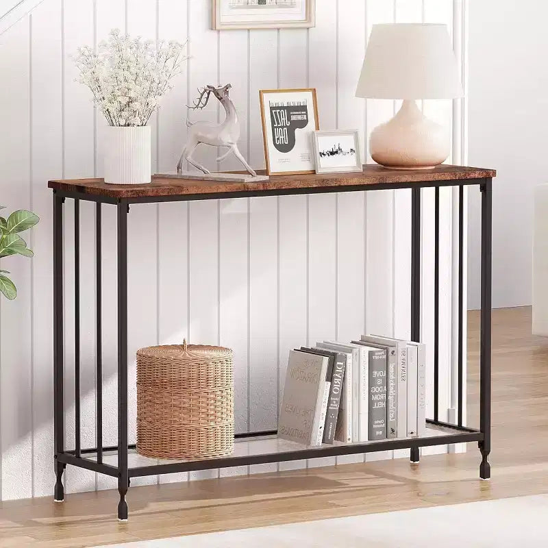 Console Table, Tempered Glass Sofa Table with Glass Shelf and Metal Frame, Narrow Couch Modern Entryway Table, Metal Frame, for Living Room, Hallway