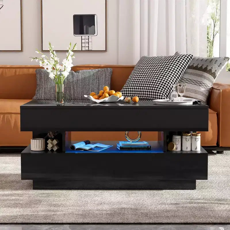 Lift Top Coffee Table with LED Lighting, Hidden Compartment & 2 Drawers