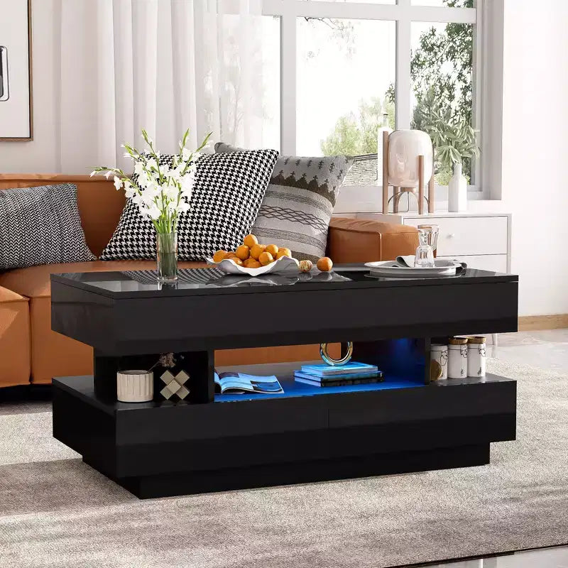Lift Top Coffee Table with LED Lighting, Hidden Compartment & 2 Drawers