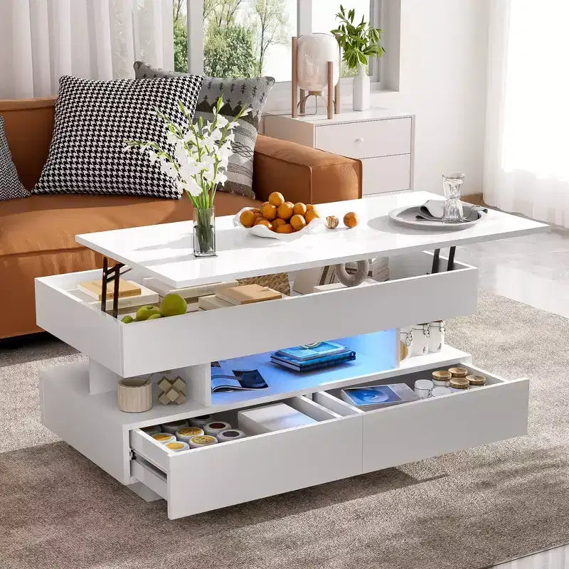 Lift Top Coffee Table with LED Lighting, Hidden Compartment & 2 Drawers