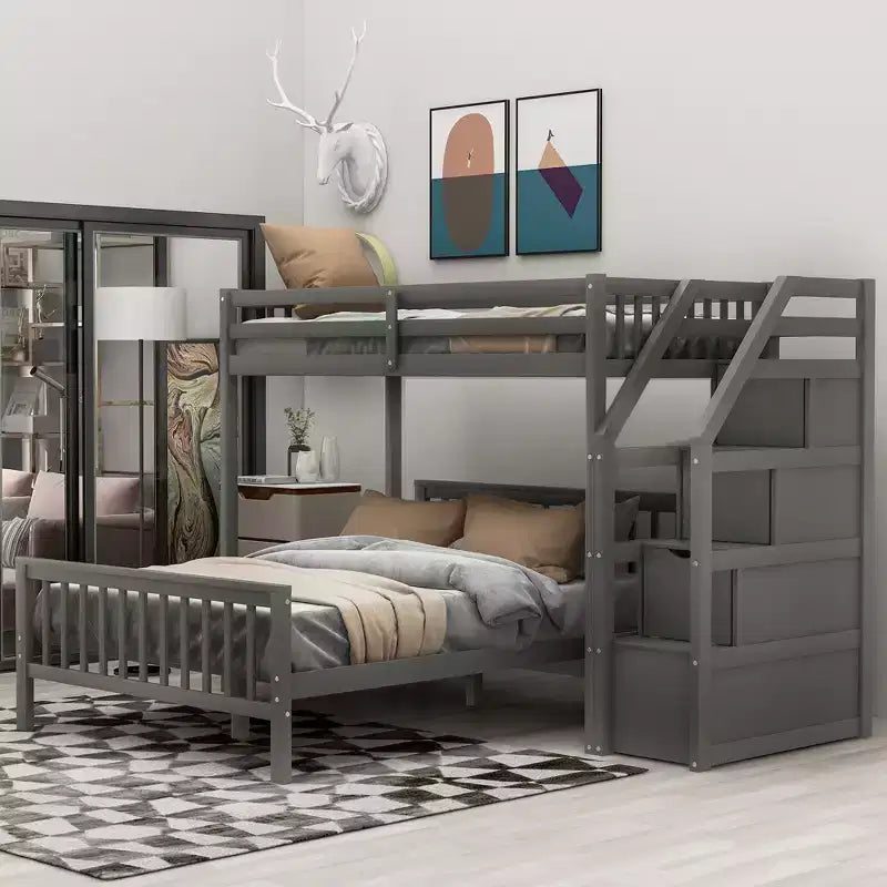 Solid Wood Twin over Full Bunk Bed with 3 Storage, Wooden Loft Bed and Platform Bed Frame, Can be Separated into 2 Beds