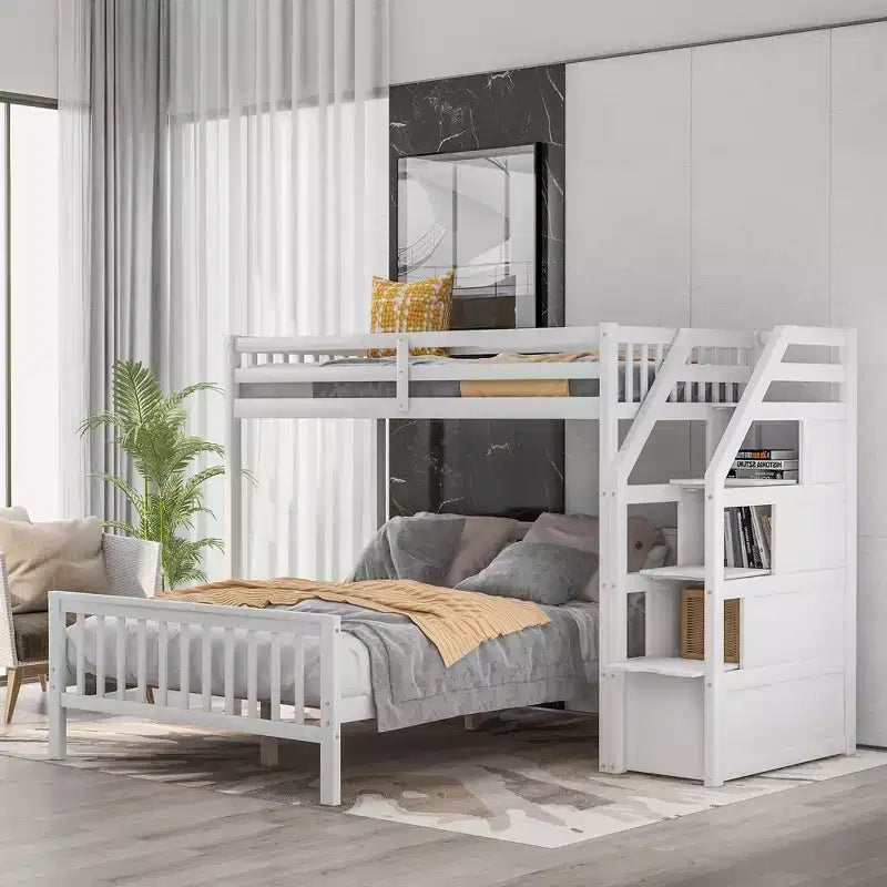 Solid Wood Twin over Full Bunk Bed with 3 Storage, Wooden Loft Bed and Platform Bed Frame, Can be Separated into 2 Beds