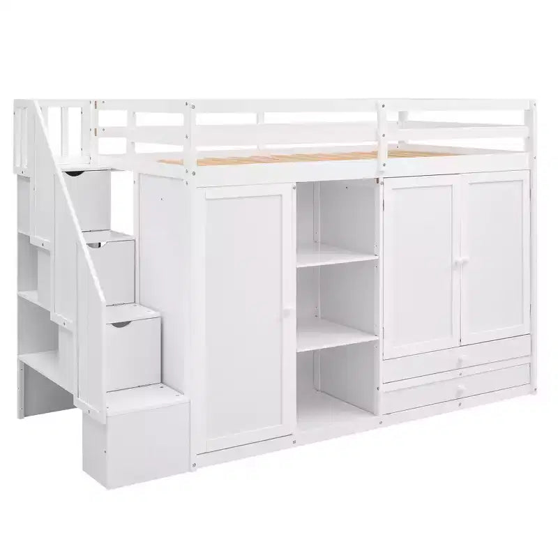 Letto a soppalco funzionale per cameretta con armadi e mensole, struttura in legno con scaletta contenitore e 2 cassetti