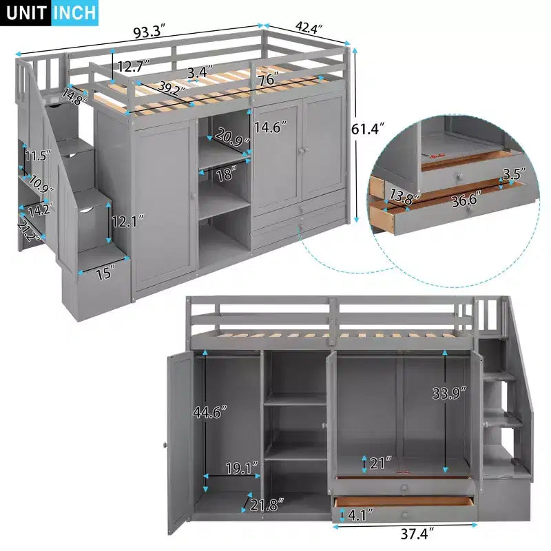 Twin Size Functional Loft Bed with Wardrobes and Shelves, Wood Loft Bed Frame with Storage Stairway ans 2 Drawers