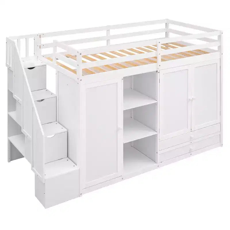 Letto a soppalco funzionale per cameretta con armadi e mensole, struttura in legno con scaletta contenitore e 2 cassetti