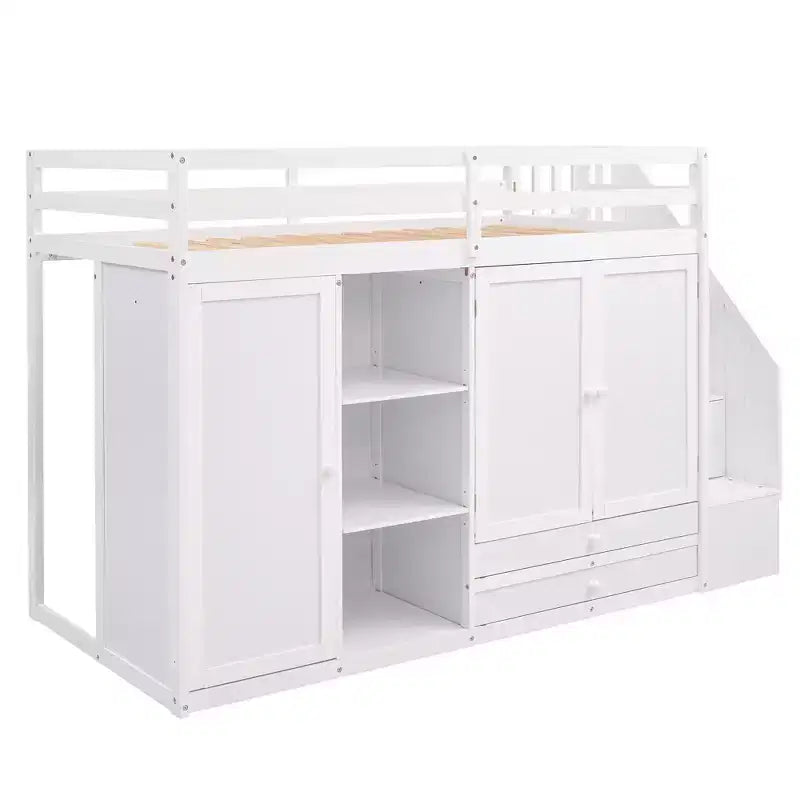 Letto a soppalco funzionale per cameretta con armadi e mensole, struttura in legno con scaletta contenitore e 2 cassetti