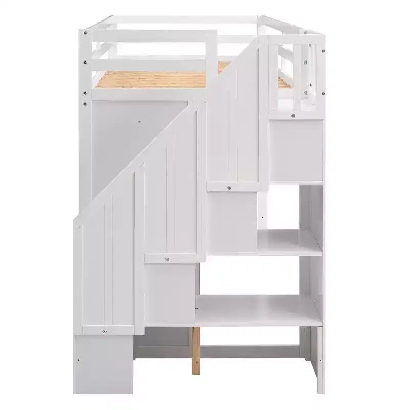 Letto a soppalco funzionale per cameretta con armadi e mensole, struttura in legno con scaletta contenitore e 2 cassetti