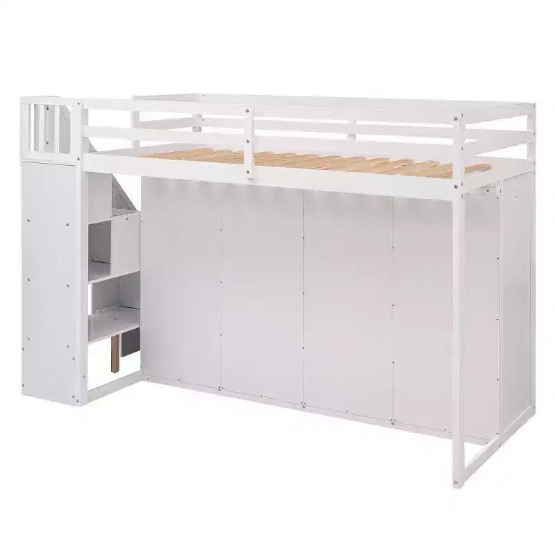 Letto a soppalco funzionale per cameretta con armadi e mensole, struttura in legno con scaletta contenitore e 2 cassetti