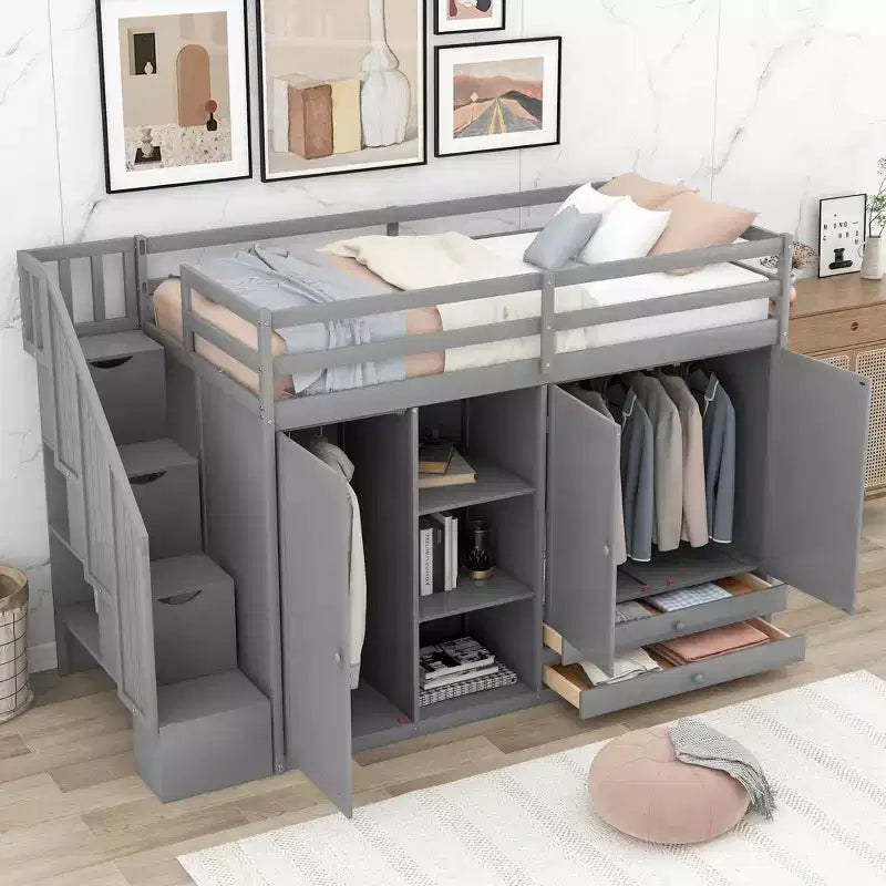 Twin Size Functional Loft Bed with Wardrobes and Shelves, Wood Loft Bed Frame with Storage Stairway ans 2 Drawers