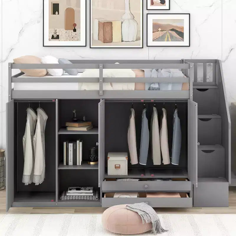 Twin Size Functional Loft Bed with Wardrobes and Shelves, Wood Loft Bed Frame with Storage Stairway ans 2 Drawers