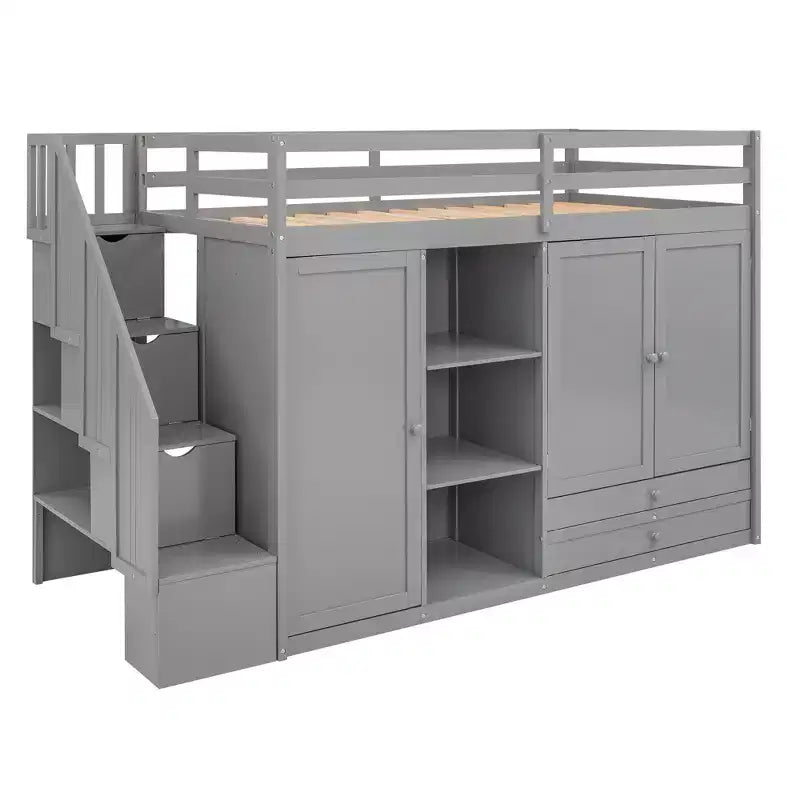 Twin Size Functional Loft Bed with Wardrobes and Shelves, Wood Loft Bed Frame with Storage Stairway ans 2 Drawers