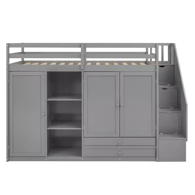 Letto a soppalco funzionale per cameretta con armadi e mensole, struttura in legno con scaletta contenitore e 2 cassetti