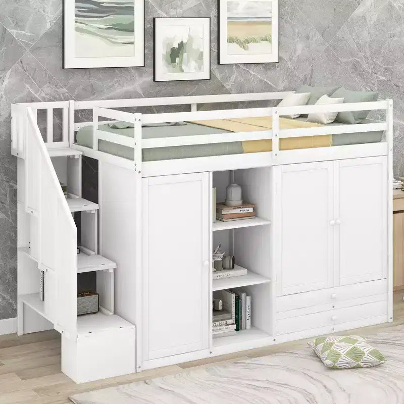 Twin Size Functional Loft Bed with Wardrobes and Shelves, Wood Loft Bed Frame with Storage Stairway ans 2 Drawers