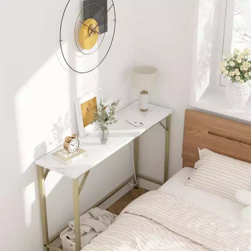 Narrow Console Table with Power Outlets, Gold Sofa Table for Entryway & Living Room