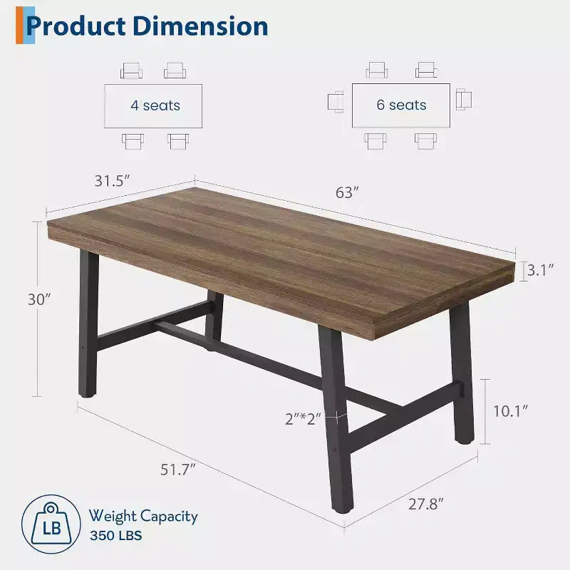 Tavolo da pranzo industriale per 4-6 persone, tavolo da cucina in legno lungo 160 cm con robusta struttura in metallo – rettangolare, per 4-6 posti a sedere, per cena