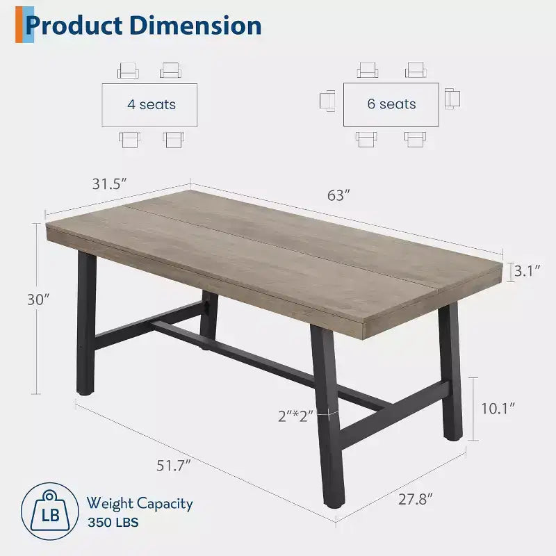 Tavolo da pranzo industriale per 4-6 persone, tavolo da cucina in legno lungo 160 cm con robusta struttura in metallo – rettangolare, per 4-6 posti a sedere, per cena