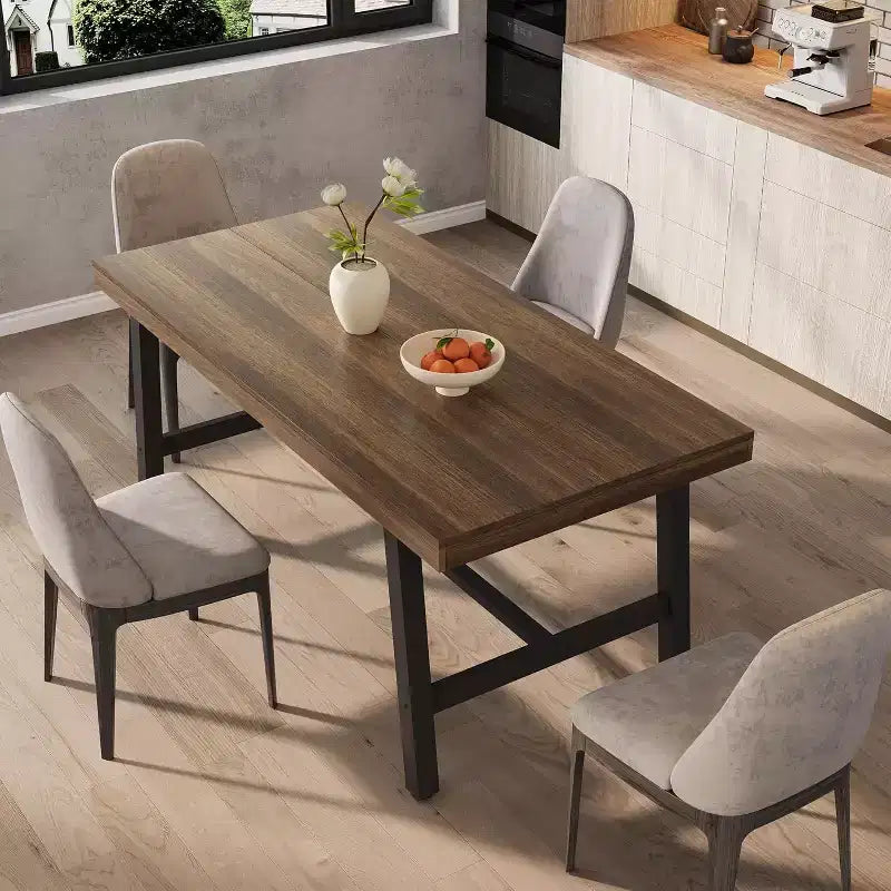Industrial Dining Table for 4-6 People, 63in Long Wooden Kitchen Table with Sturdy Metal Frame - Seats 4-6 Rectangular Counter for Dinner