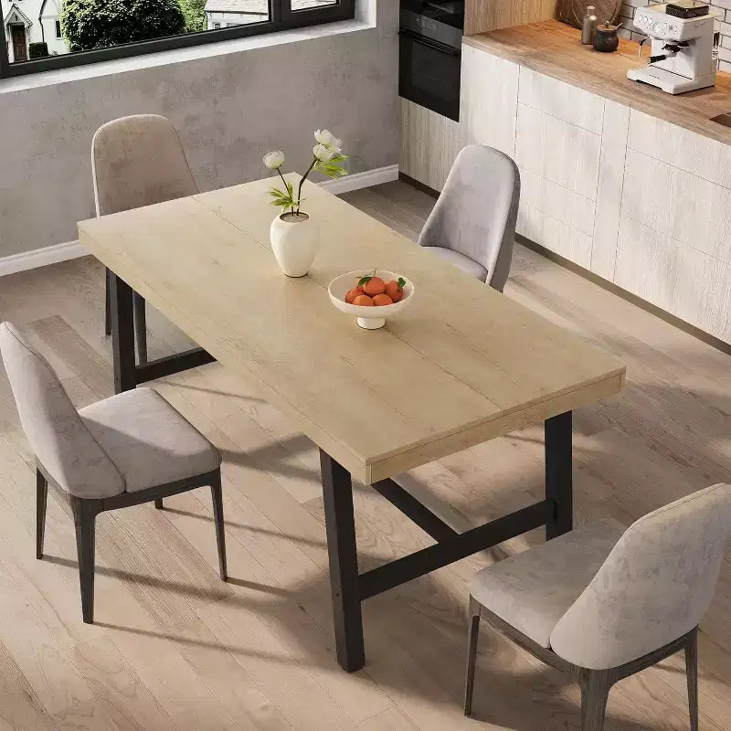 Industrial Dining Table for 4-6 People, 63in Long Wooden Kitchen Table with Sturdy Metal Frame - Seats 4-6 Rectangular Counter for Dinner