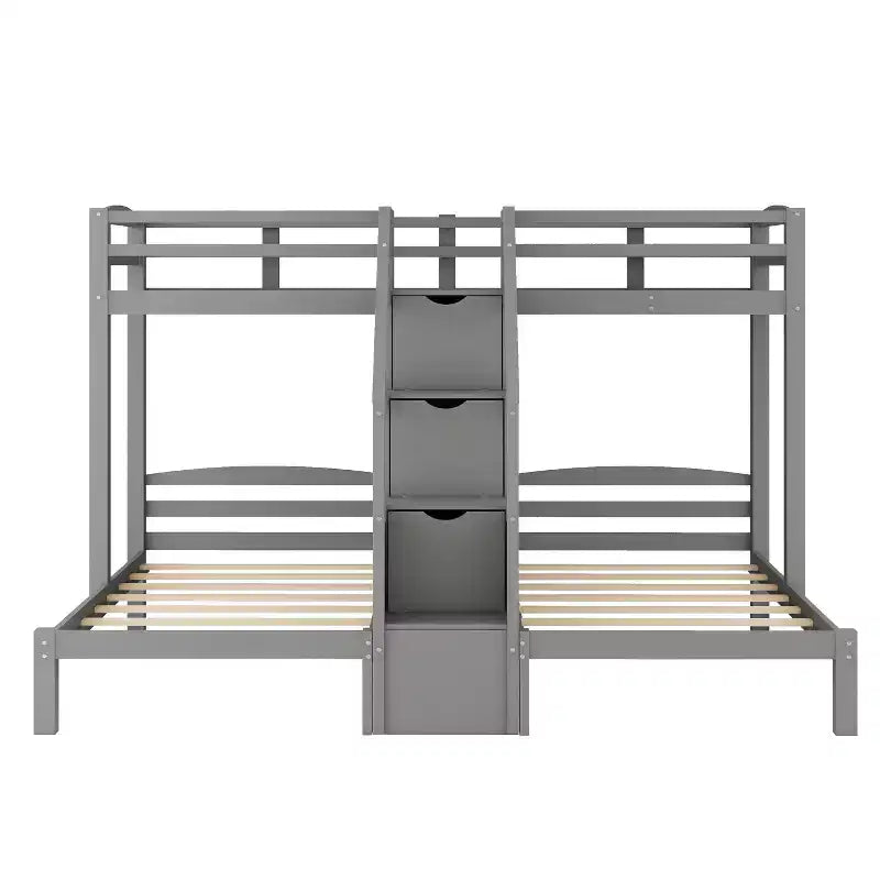 Letto a castello in legno triplo a L con tre letti singoli, letto a castello robusto per 3 bambini con cassetti portaoggetti, grigio