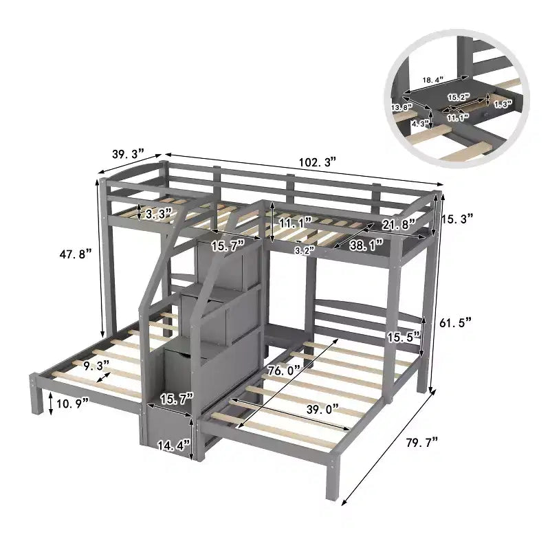 Wood Twin over Twin & Twin Bunk Bed, L Shaped Bunk Bed for 3 Kids, Heavy-Duty Triple Bunk Bed with Storage Drawers, Gray