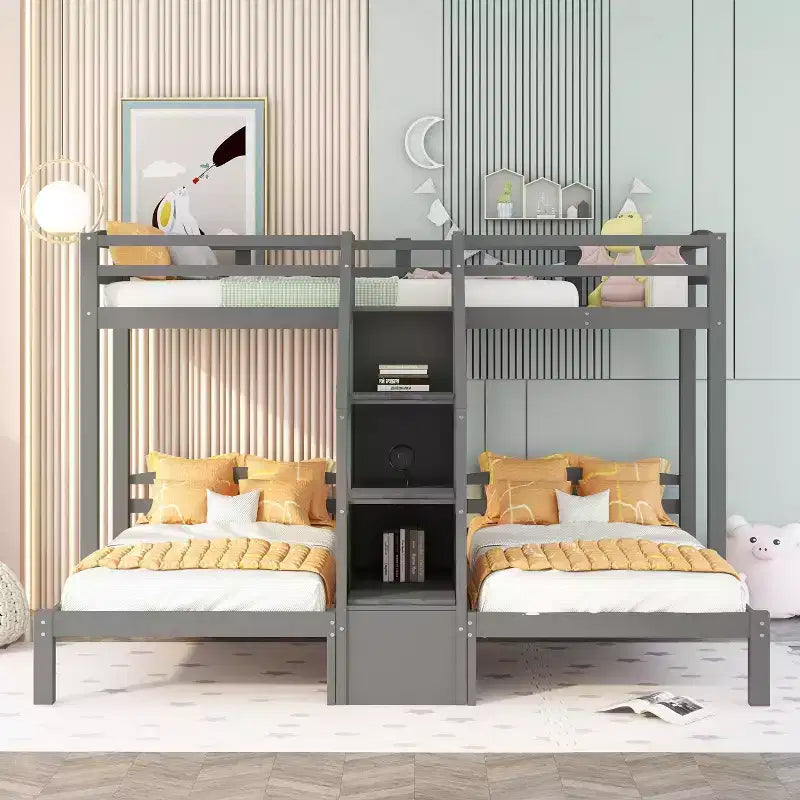 Letto a castello in legno triplo a L con tre letti singoli, letto a castello robusto per 3 bambini con cassetti portaoggetti, grigio