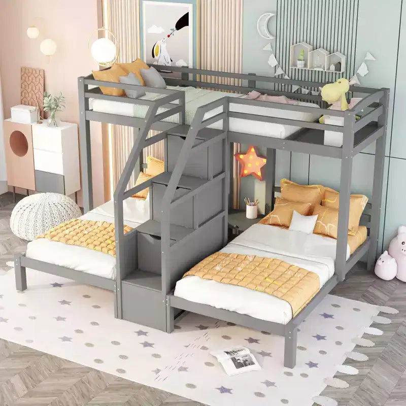 Letto a castello in legno triplo a L con tre letti singoli, letto a castello robusto per 3 bambini con cassetti portaoggetti, grigio