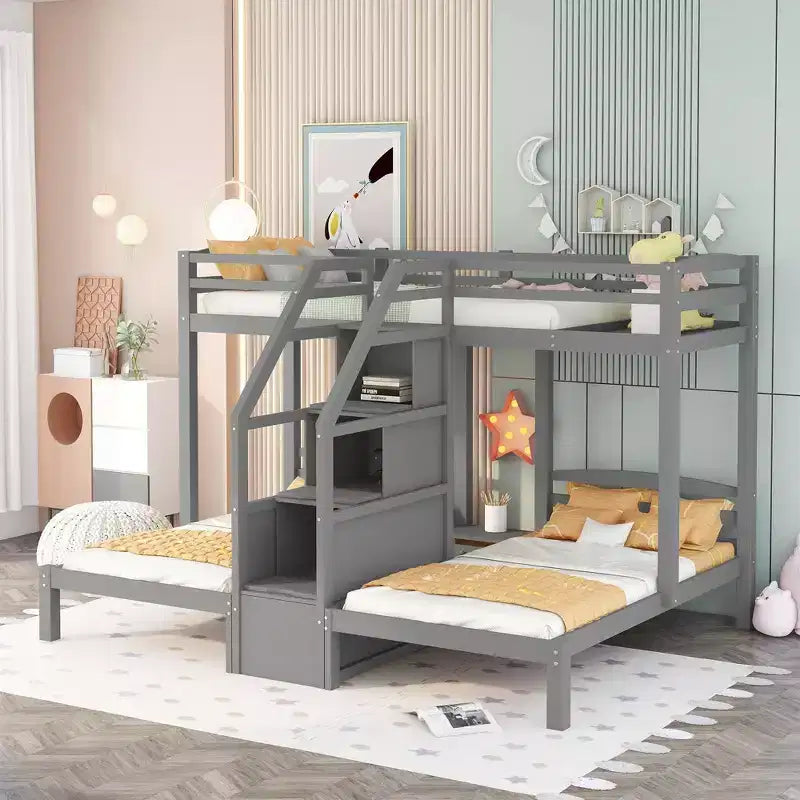 Wood Twin over Twin & Twin Bunk Bed, L Shaped Bunk Bed for 3 Kids, Heavy-Duty Triple Bunk Bed with Storage Drawers, Gray
