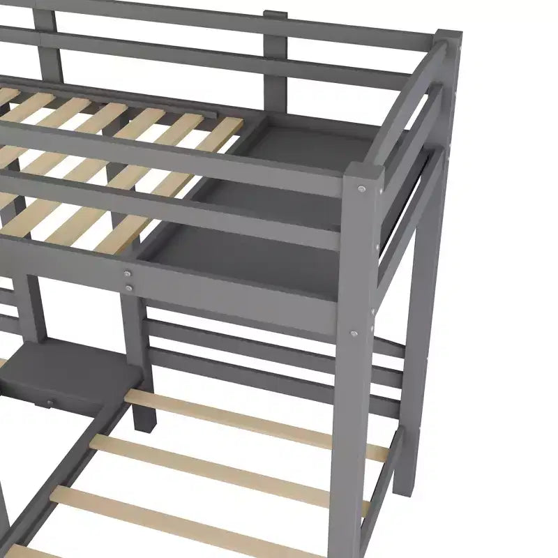 Letto a castello in legno triplo a L con tre letti singoli, letto a castello robusto per 3 bambini con cassetti portaoggetti, grigio
