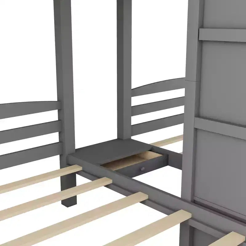 Letto a castello in legno triplo a L con tre letti singoli, letto a castello robusto per 3 bambini con cassetti portaoggetti, grigio